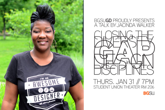 Portrait of Jacinda Walker and talk title: Closing the Diversity Gap in Design Disciplines